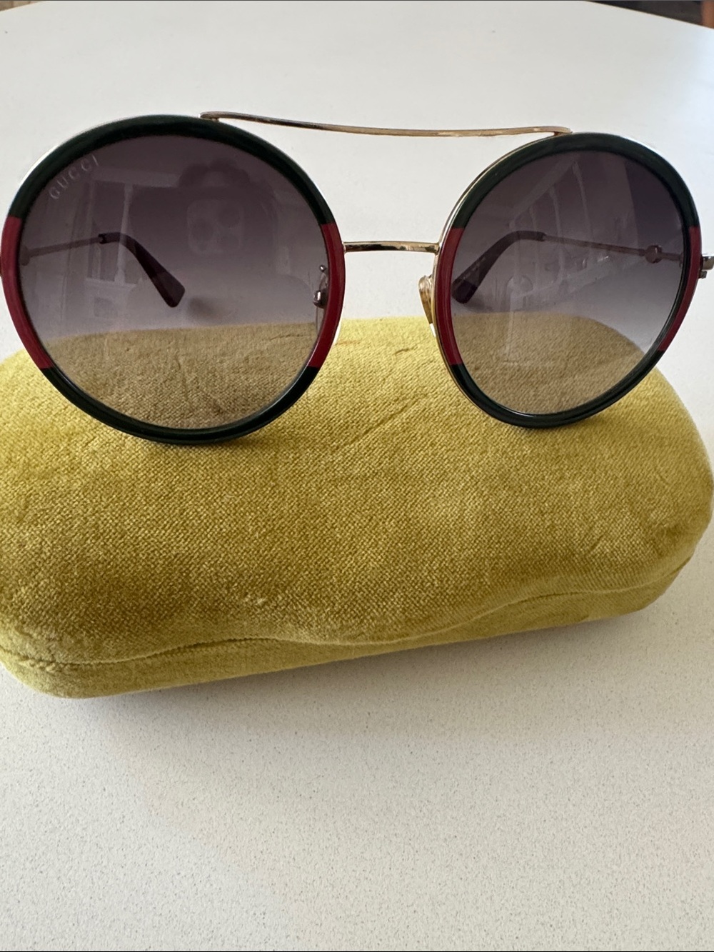 Gucci Round Gold Double-Bridge Sunglasses with Green and Red Trim